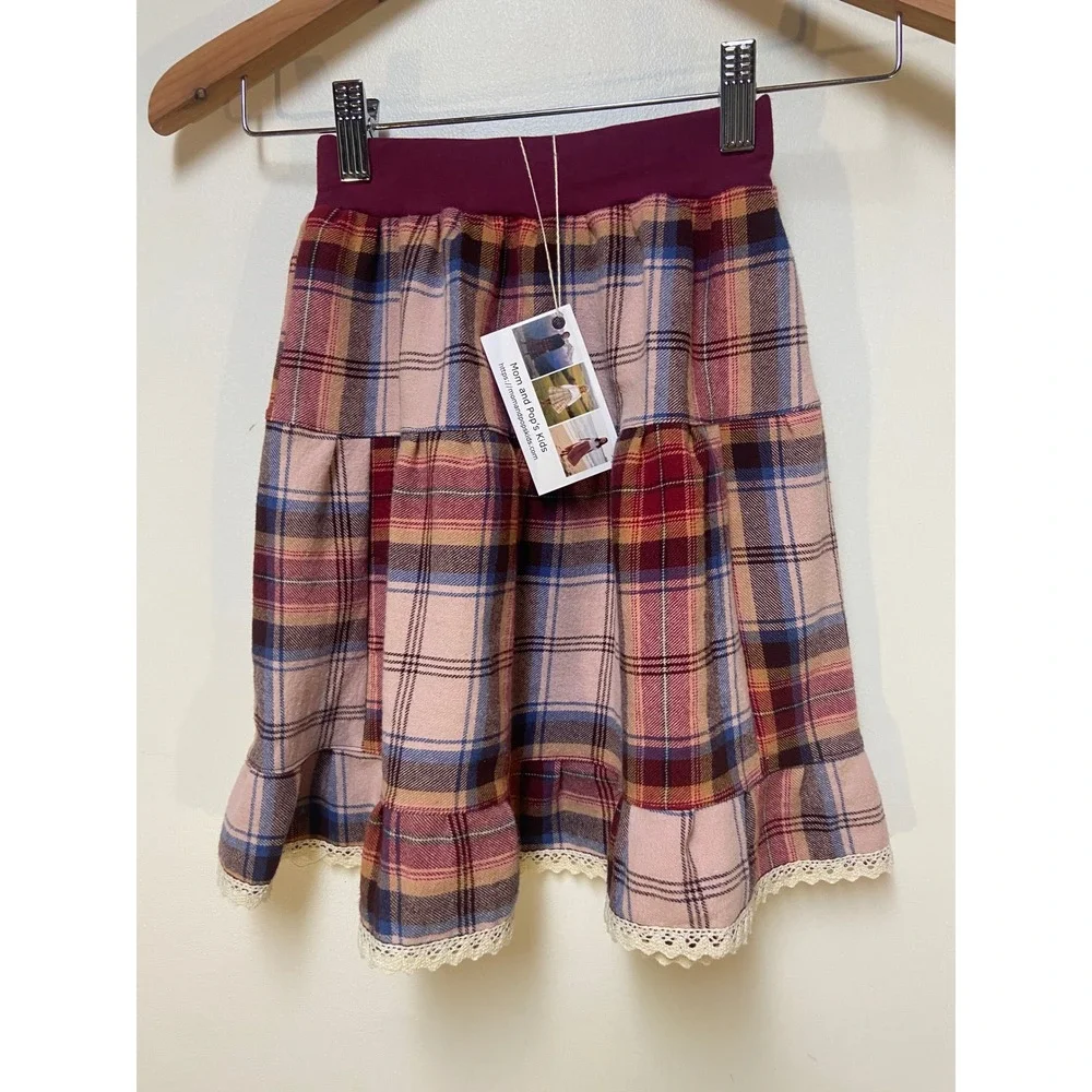 Girls Flannel Mom and Pop's Kids Midi Skirt Size 3 Pink Plaid Upcycled Lace